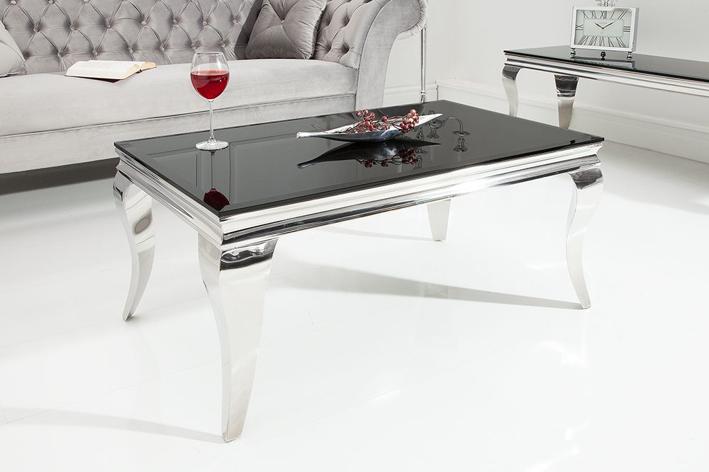 Eleganter Couchtisch MODERN BAROCK 100cm silber mit schwarzem Opalglas