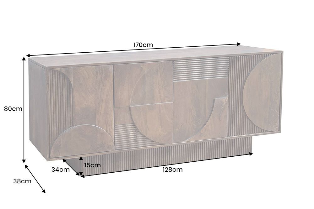 Massives Sideboard ART DECO 170cm braun smoke Mangoholz 3D-Front
