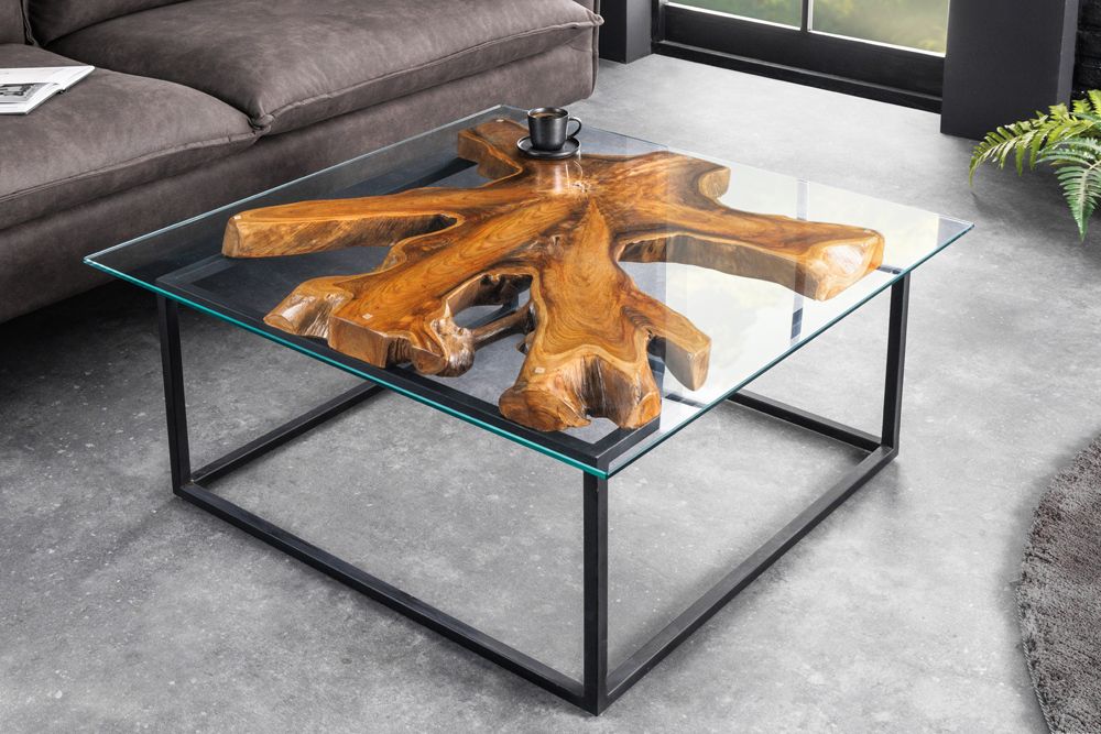 Industrial Couchtisch TEAK ROOT 70cm braun Teakholz Metall Glastisch handmade