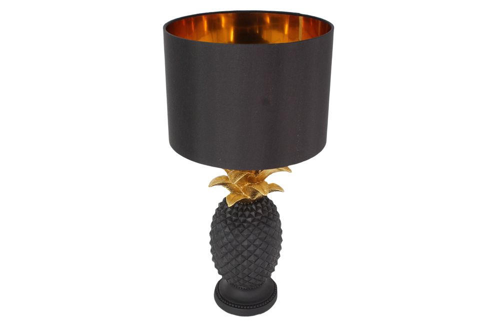Handgefertigte Tischlampe PINEAPPLE 50cm schwarz Ananas-Design gold mit Stoffschirm