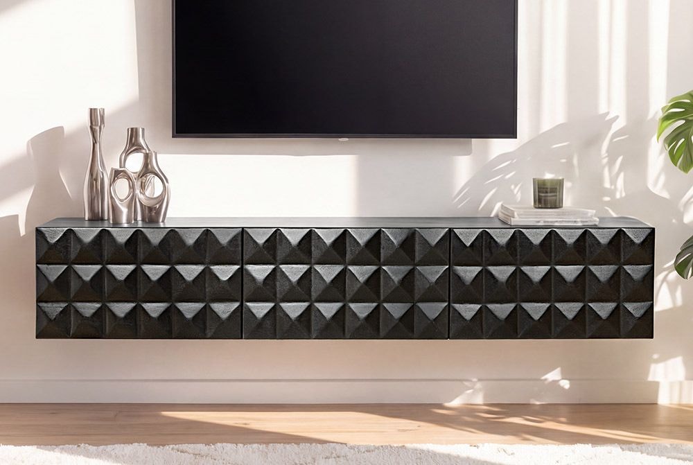 Hängendes TV-Lowboard VULCANO 160cm schwarz Mangoholz massiv