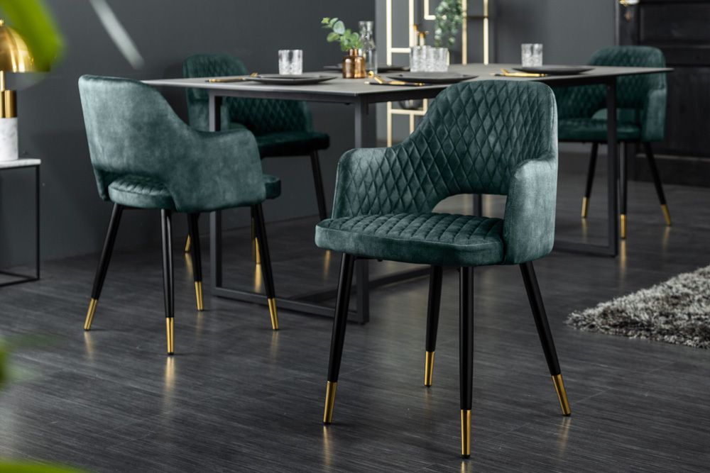 Eleganter Stuhl PARIS petrol Samt Ziersteppung Fußkappen gold Retro-Design mit Armlehnen
