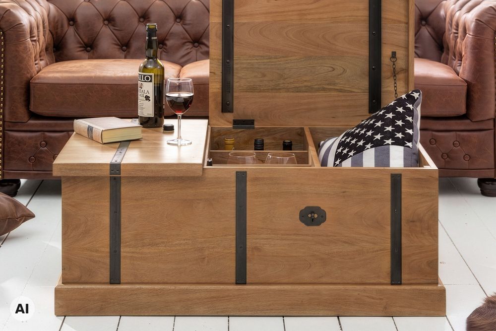 Massiver Couchtisch BODEGA 100cm braun honey finish Mangoholz Hausbar Truhe Stauraum