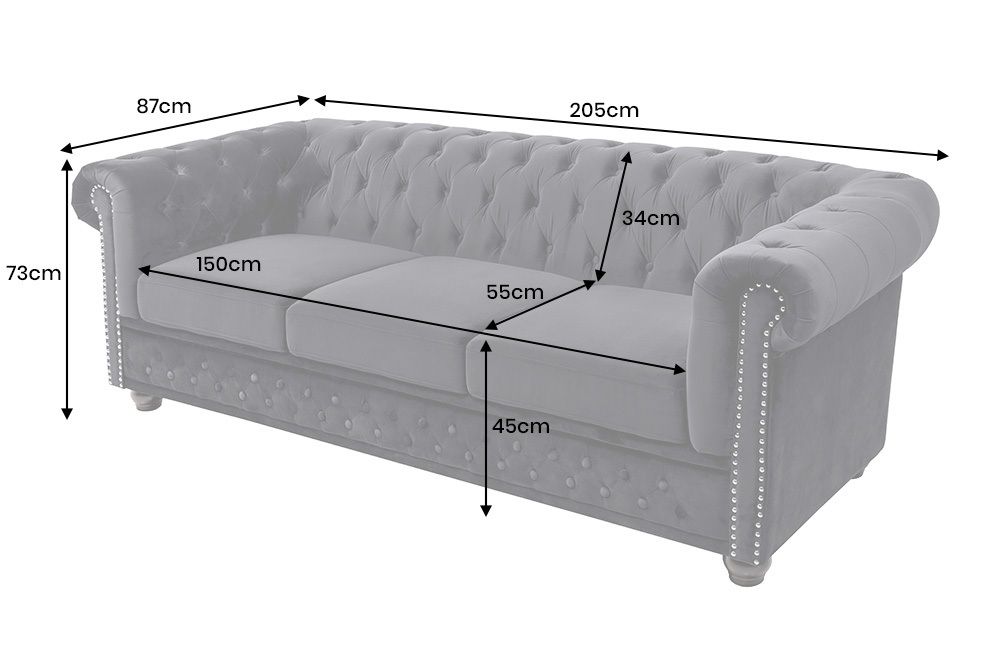 Barock Sofa CHESTERFIELD 205cm schwarz Samt Federkern Knopfheftung 3-Sitzer Couch