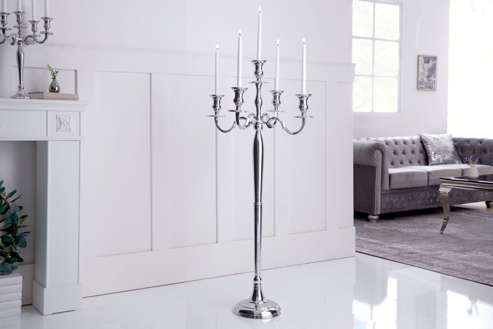 Kerzenständer MODERN BAROCK 120cm silber 5-armig Lüster Aluminium poliert Kerzenhalter