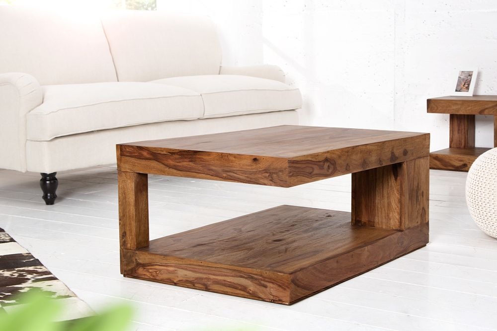 Massiver Edelholz Couchtisch GIANT L 90cm braun Sheesham stone finish mit Ablage