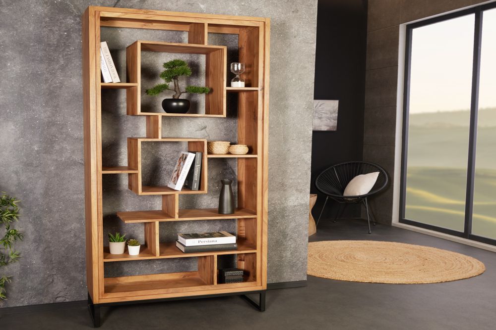 Massivholz Bücherregal CUBUS 190cm Akazie honey finish Metallfüße schwarz Standregal