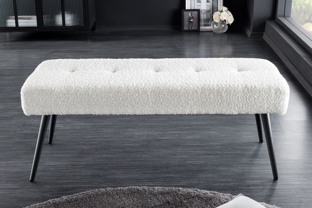 Design Sitzbank BOUTIQUE 100cm weiß Bouclé schwarze Metallbeine Polsterbank