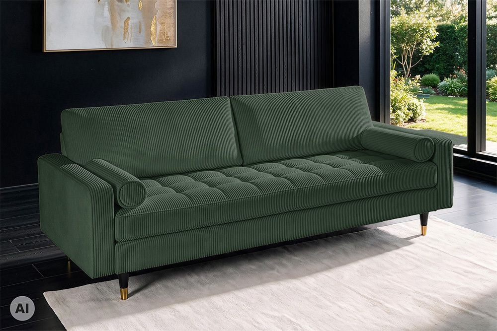 3er Sofa COZY VELVET 220cm grün Cord schwarze Füße mit goldener Kappe