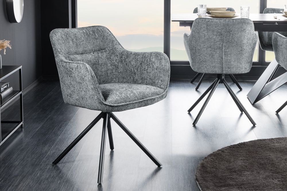 Drehbarer Stuhl VERONA grau Strukturstoff mit Armlehne Metallbeine schwarz