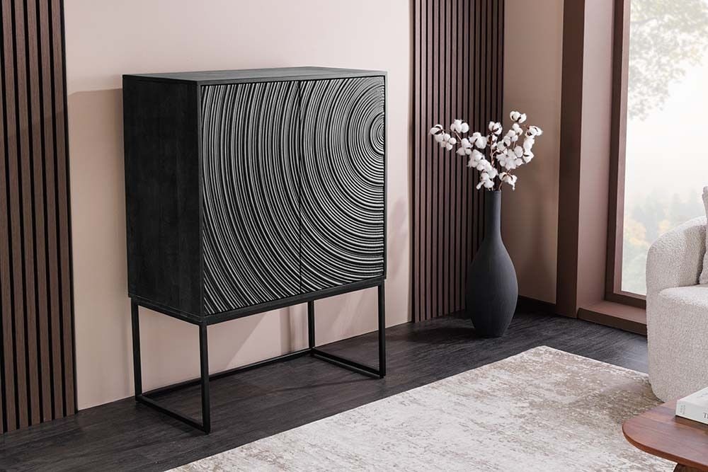 Design Highboard ORBIT 120cm schwarz Mangoholz mit 3D-Front Metall
