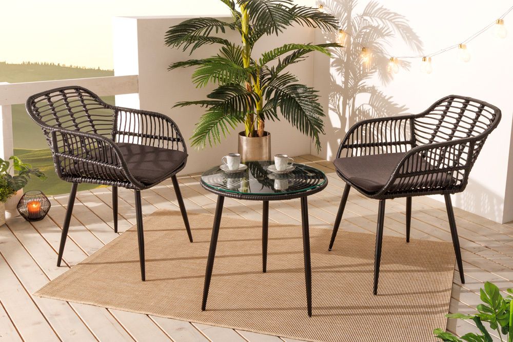 In- und Outdoor Bistro Balkon-Set PARIS schwarz Polyrattan Sitzgruppe inkl. Tisch
