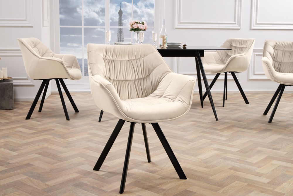 Drehbarer Stuhl THE DUTCH COMFORT champagner beige Samt schwarze Metallbeine