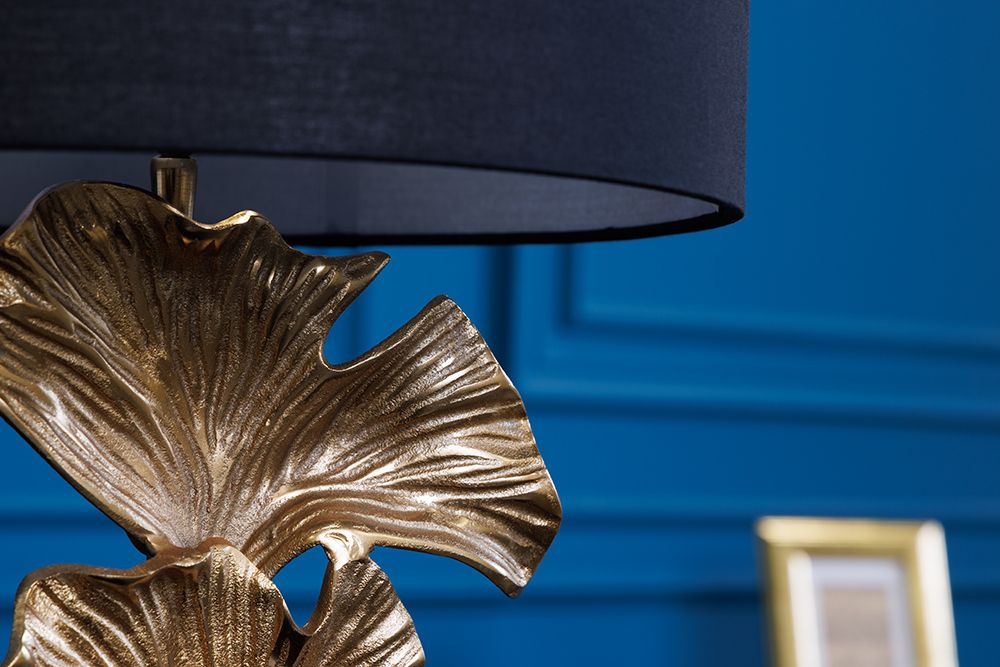 Design Tischlampe GINKGO 70cm schwarz Stoffschirm gold Metall handmade Marmor-Fuß