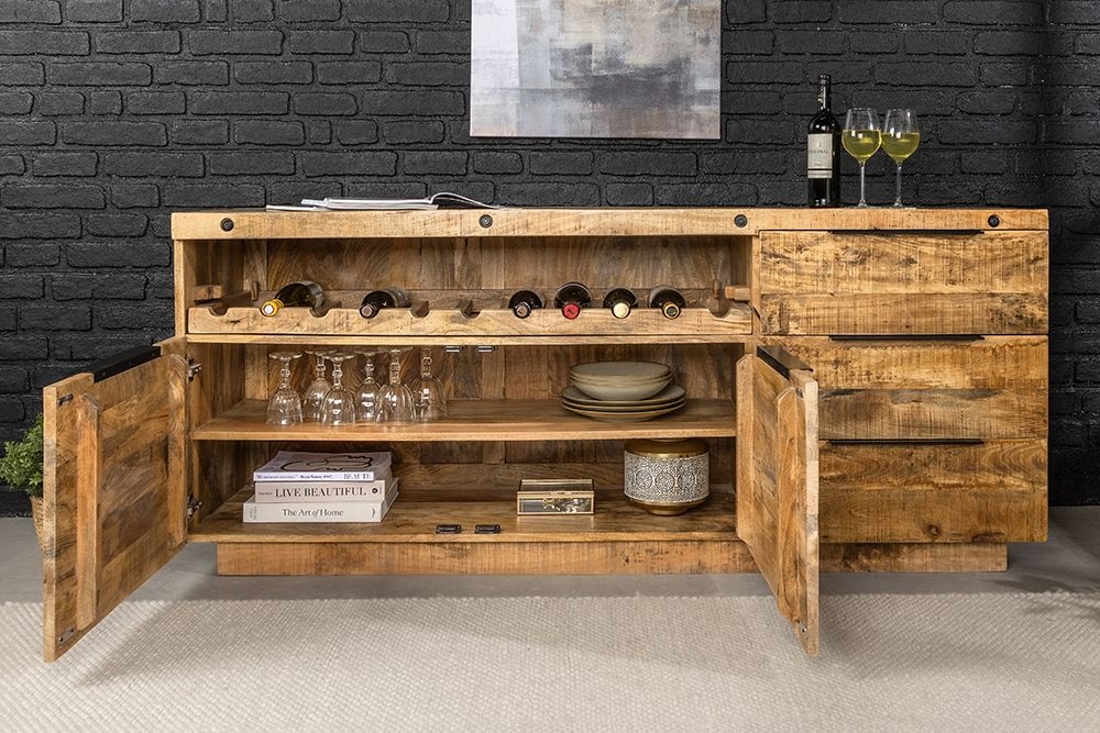 Massives Sideboard IRON CRAFT 175cm natur Mangoholz mit Schubladen Weinregal
