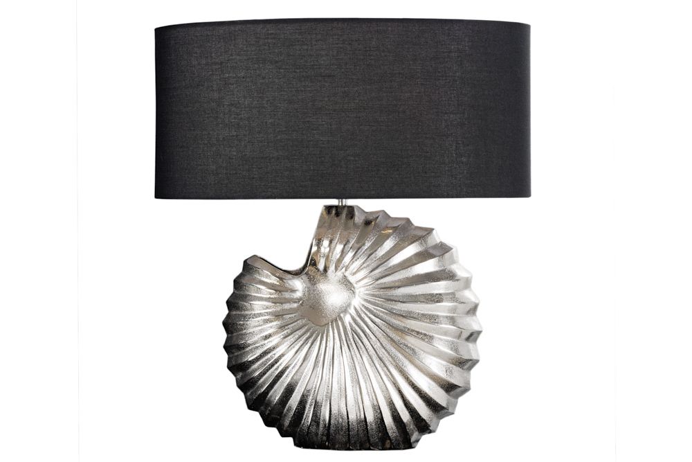 Design Tischlampe SHELL 60cm silber schwarz Metall Stoffschirm maritim