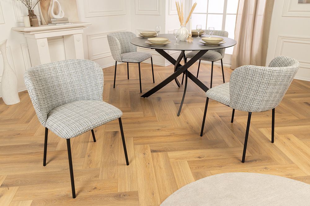 Design Stuhl LYON blau kariert Bouclé schwarze Metallbeine