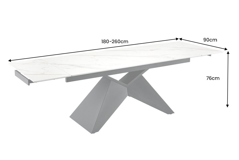 Design Esstisch DIAMOND 180-260cm matt weiß Keramik Metallgestell schwarz