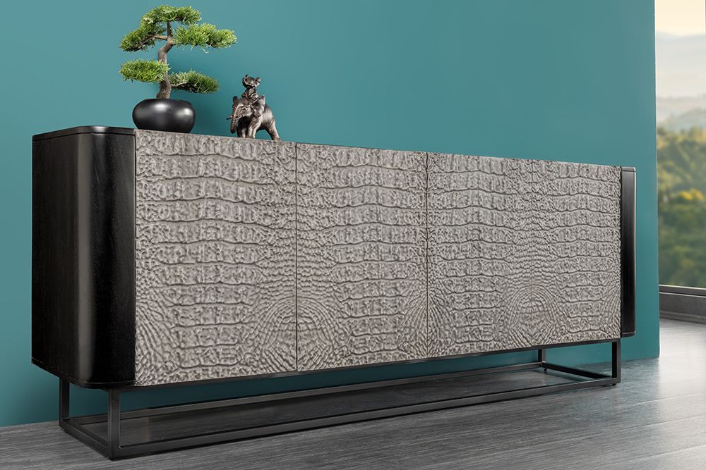 Handgefertigtes Sideboard CROCO 180cm grau schwarz Mangoholz mit 3D Schnitzereien massiv Metall
