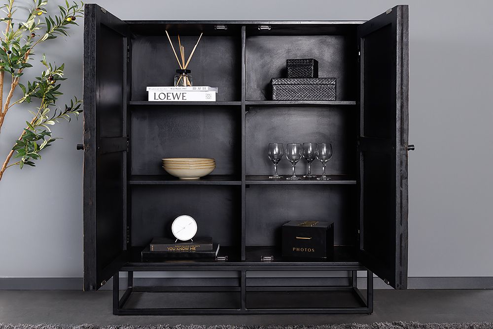 Massives Highboard BARRACUDA 120cm braun Mangoholz mit Teakholz-Front schwarz Metall