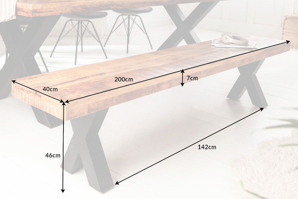 Industrial Sitzbank IRON CRAFT 200cm Mangoholz mit X-Beinen in schwarz