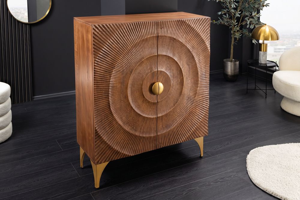 Massives Highboard GOLDEN SUNSET 120cm braun gold Mangoholz mit 3D Schnitzereien