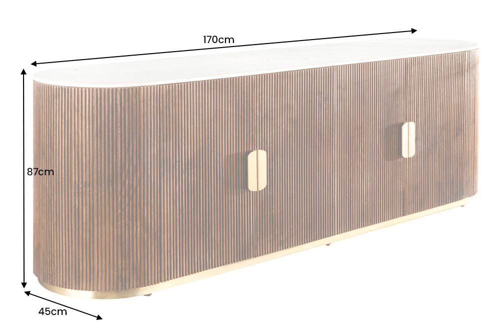 Design Sideboard GATSBY 170cm braun gold Mangoholz weiße Marmorplatte