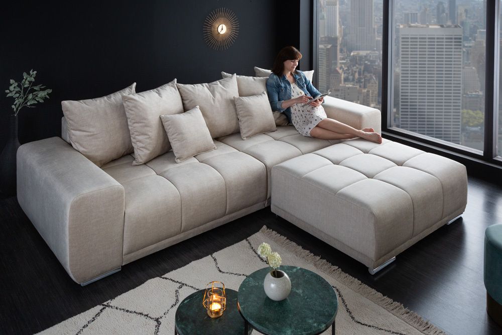 Big Sofa ELEGANCIA 285cm champagner beige Vogue Velours Samt inkl. Kissen Federkern