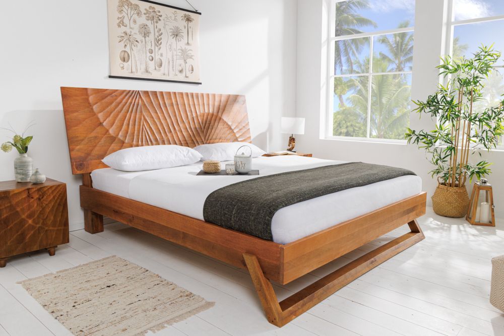 Design Bett SCORPION 180x200cm braun Mangoholz 3D Schnitzerei Massivholz Doppelbett