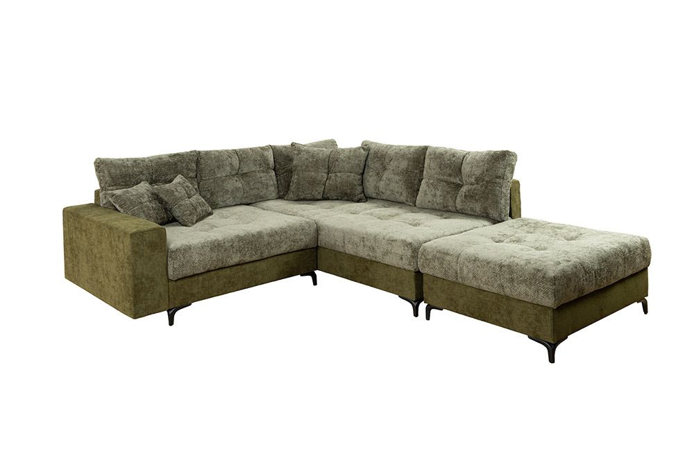 Ecksofa KENT 220cm grün Bicolor Chenille Federkern inkl. Hocker und Kissen