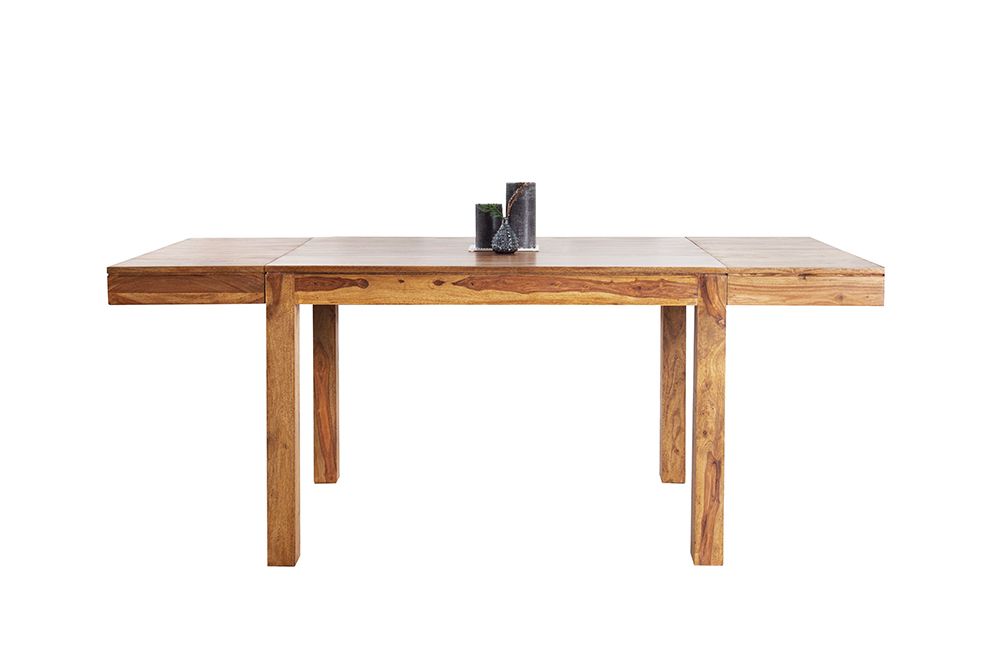 Massiver Holz Esstisch PURE 120-200cm braun Sheesham stone finish mit Ansteckplatten