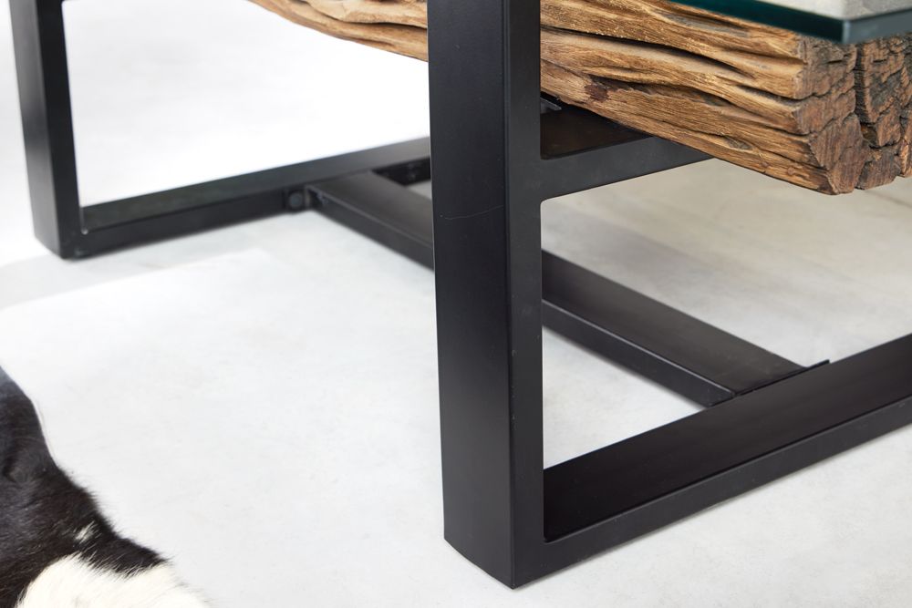 Design Couchtisch BARRACUDA 130cm recyceltes Teakholz Glasplatte schwarz Edelstahl Industrial