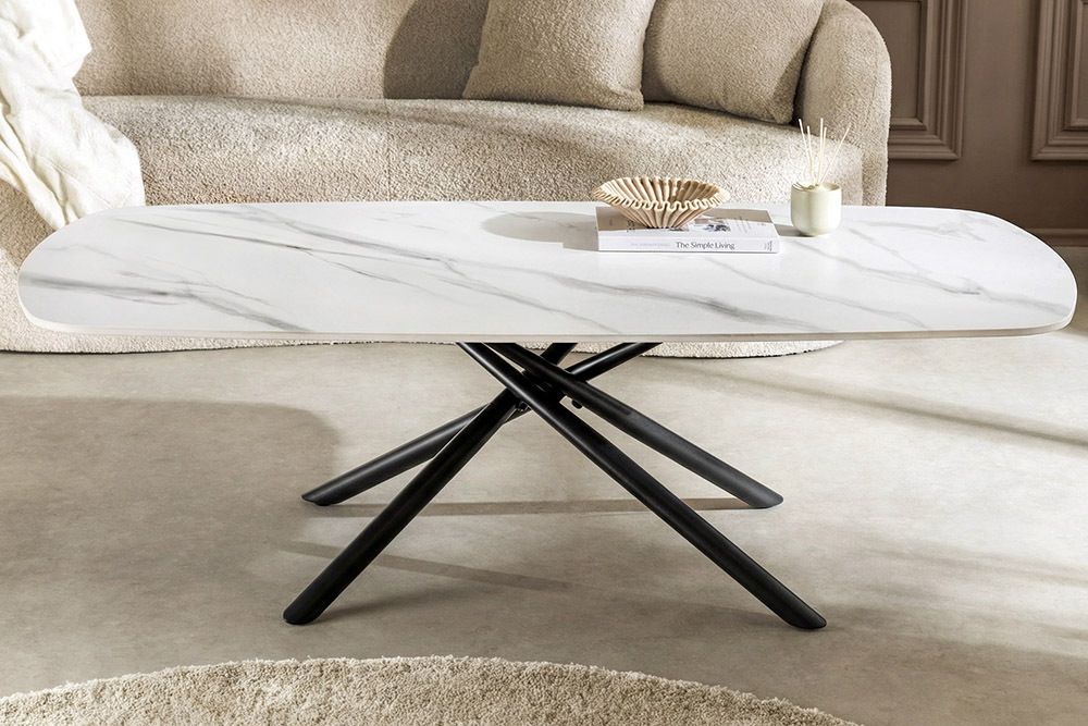 Design Couchtisch OSAKA 110cm weiß Keramik schwarz Sterngestell Metall