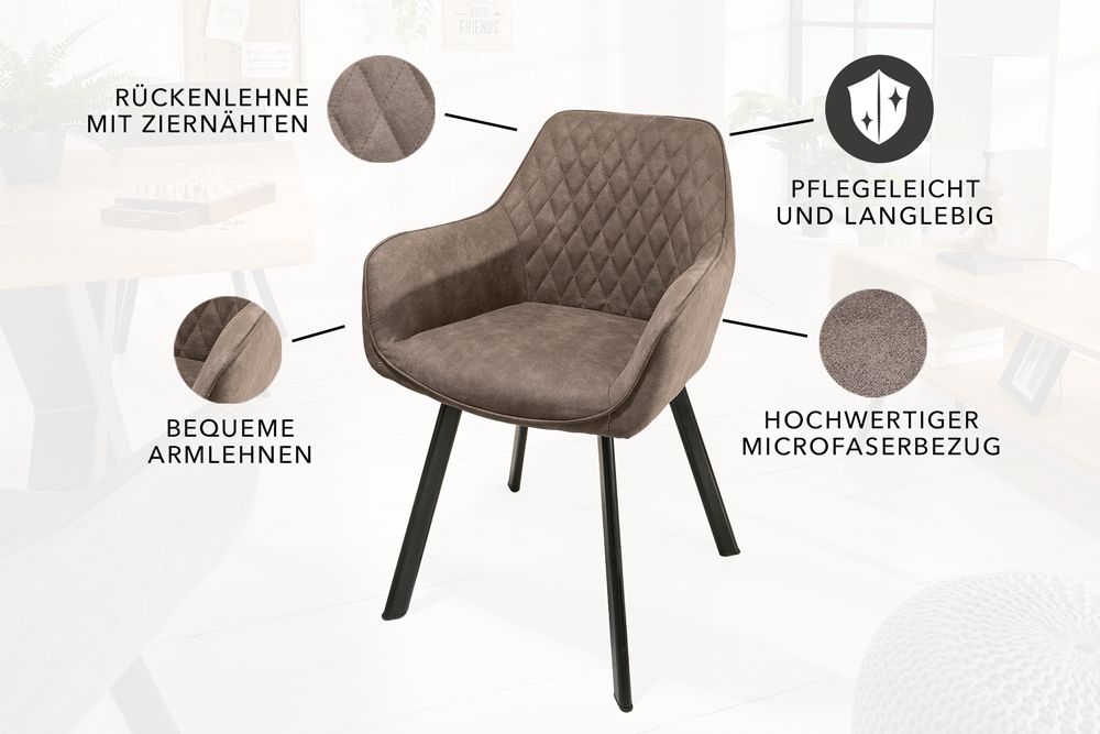Retro Stuhl PALERMO taupe mit Armlehne und Ziersteppung