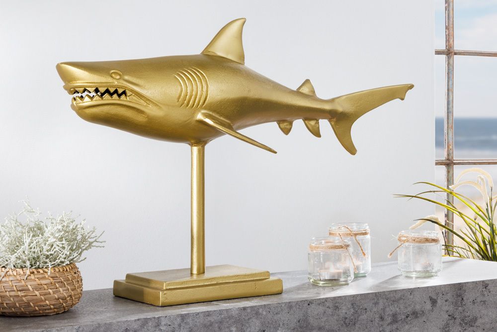 Maritime Skulptur HAI 68cm gold handmade Metall Design Haifisch