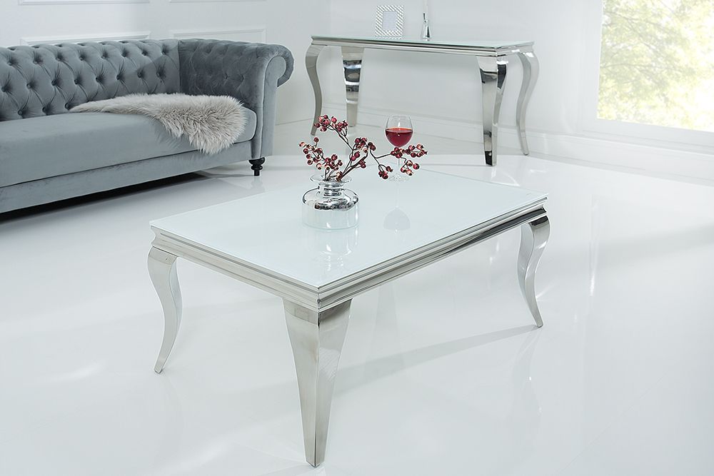 Eleganter Couchtisch MODERN BAROCK 100cm silber mit weißem Opalglas