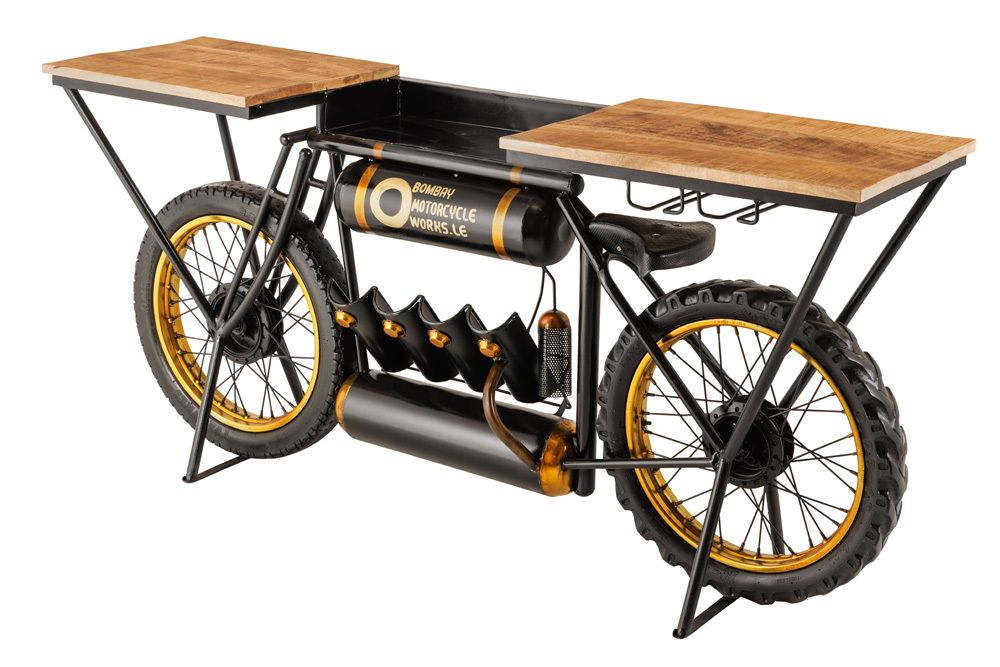 Industrial Konsolentisch MOTORCYCLE 185cm Mangoholz schwarz Motorrad Bartheke Upcycling