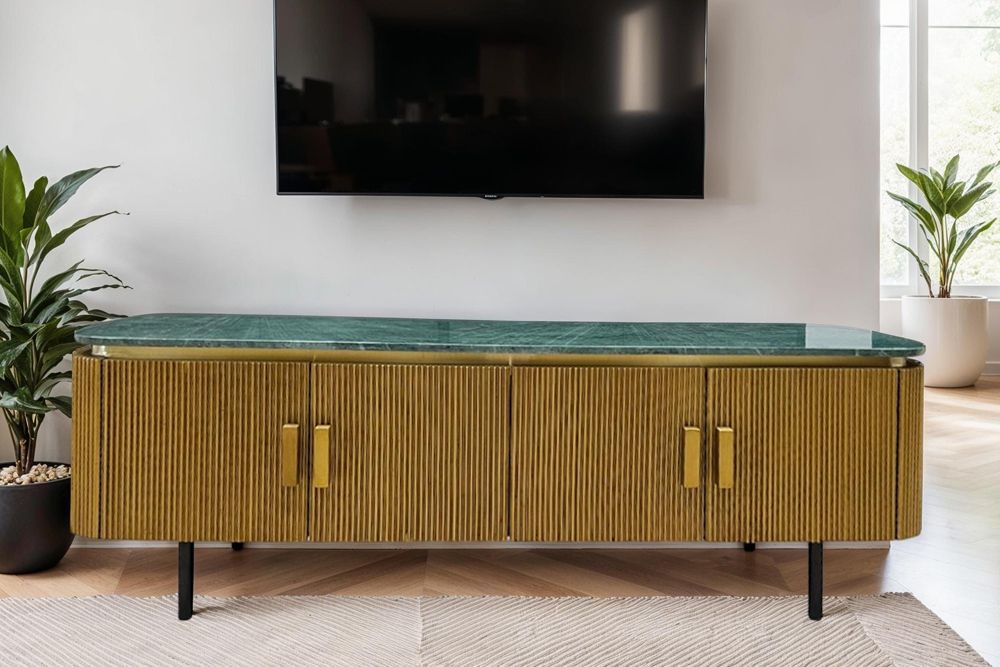 Design TV-Board VENEZIANO 160cm messing grün Marmorplatte Mangoholz Retro