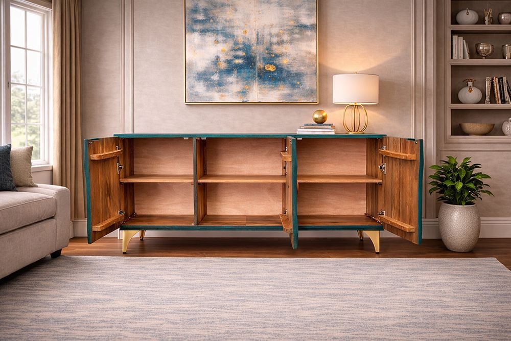 Handgearbeitetes Sideboard GOLDEN SUNSET 140cm türkis mit 3D Schnitzereien gold Mangoholz Metallbeine