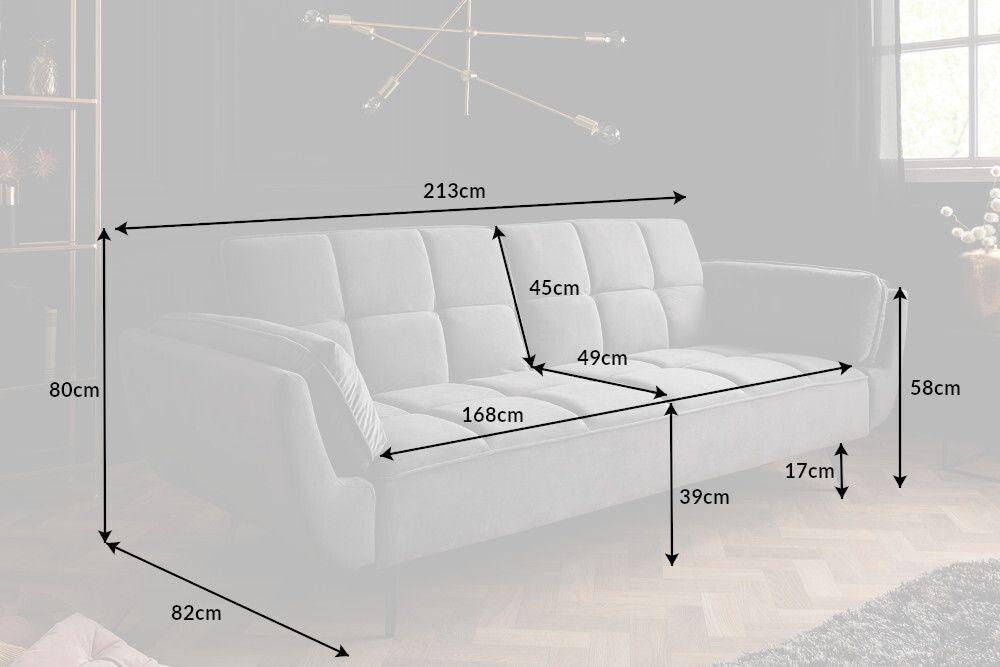 Retro Schlafsofa BOUTIQUE 215cm grau Samt 3-Sitzer mit schwarzen Füßen
