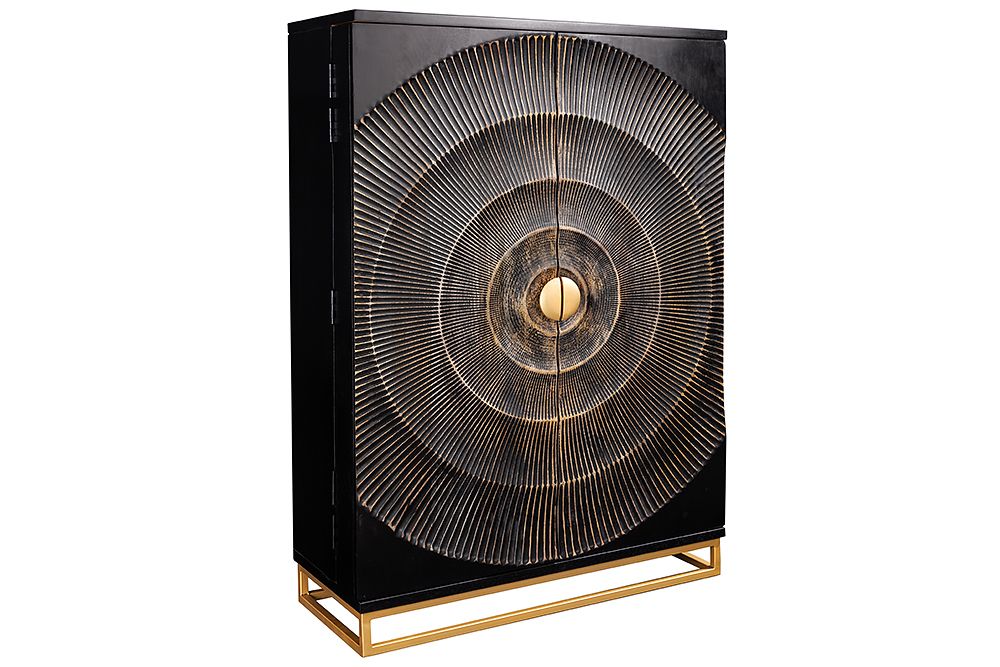 Handgearbeiteter Barschrank GOLDEN SUNSET 140cm schwarz gold Mangoholz massiv