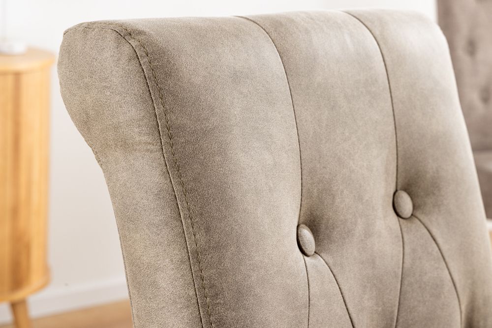 Design Stuhl CASA taupe Microfaser mit Zierknöpfen Massivholzbeine
