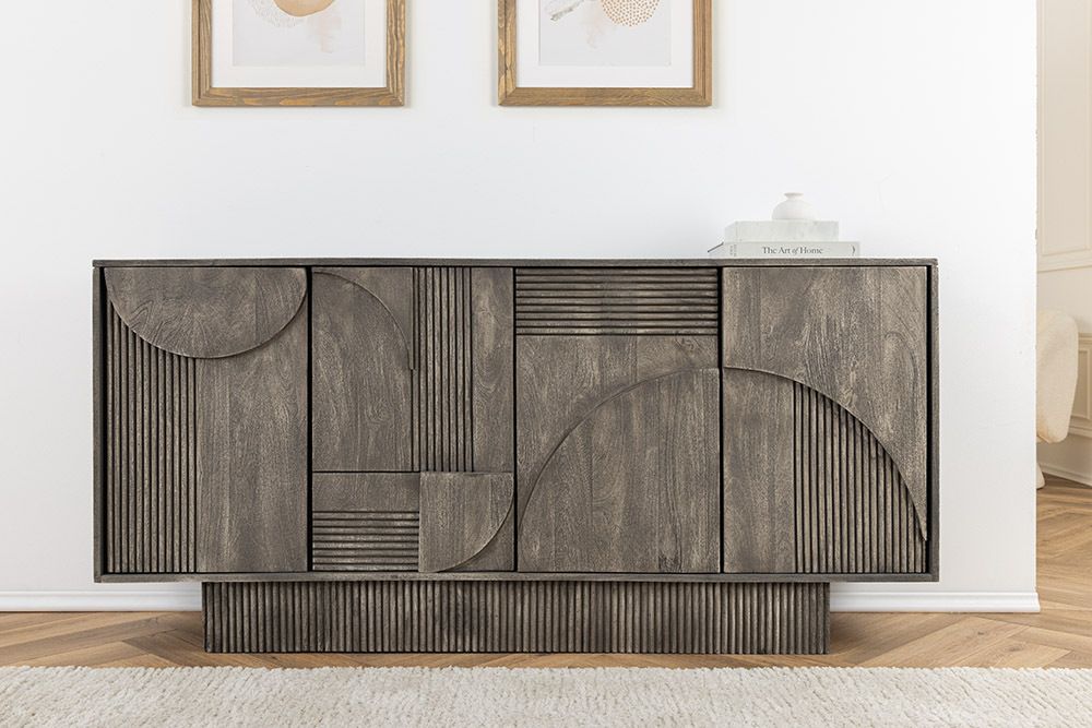 Design Sideboard ART DECO 170cm grau smoked Mangoholz massiv 3D-Front