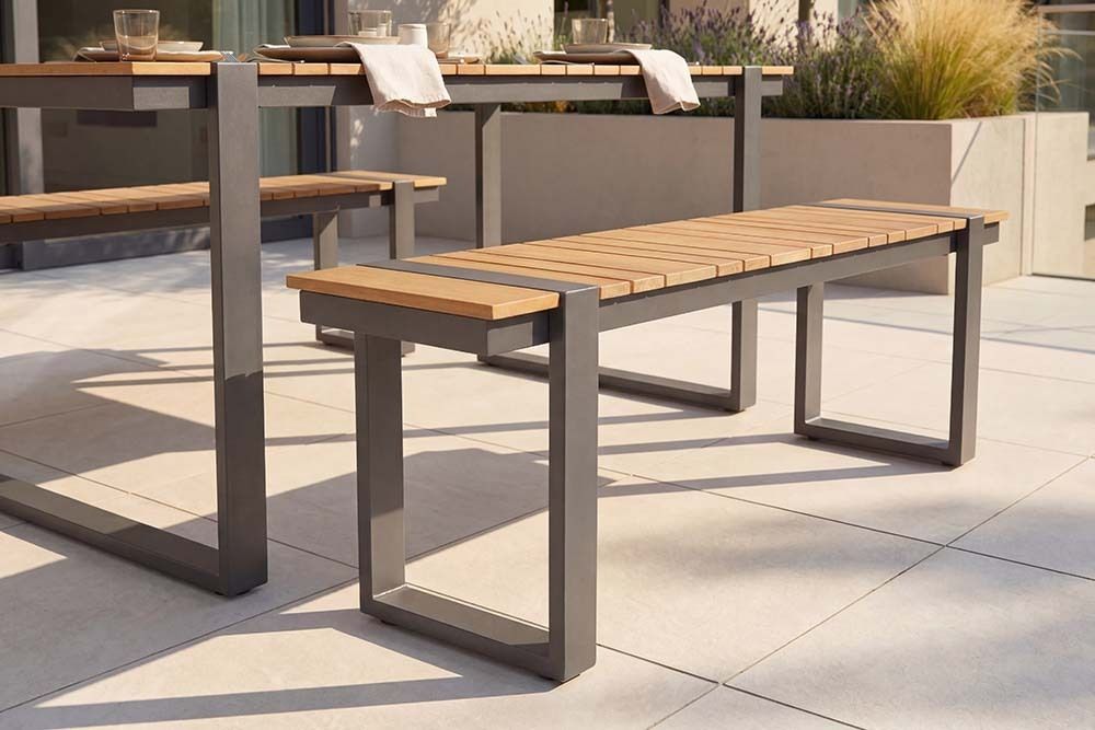Moderne Outdoor Sitzbank TAMPA LOUNGE 125cm grau natur Aluminium Metall Holz-Design wetterfest