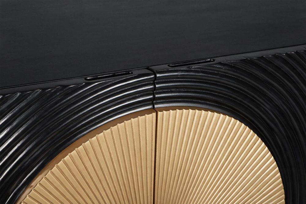 Massives Highboard AURUM 120cm schwarz Mangoholz mit ikonischem Gold-Element