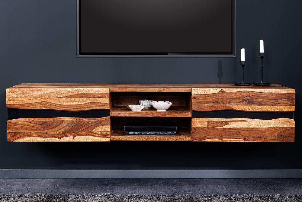 Hängendes TV-Lowboard AMAZONAS 160cm braun Sheesham Massivholz Baumkante Metall schwarz