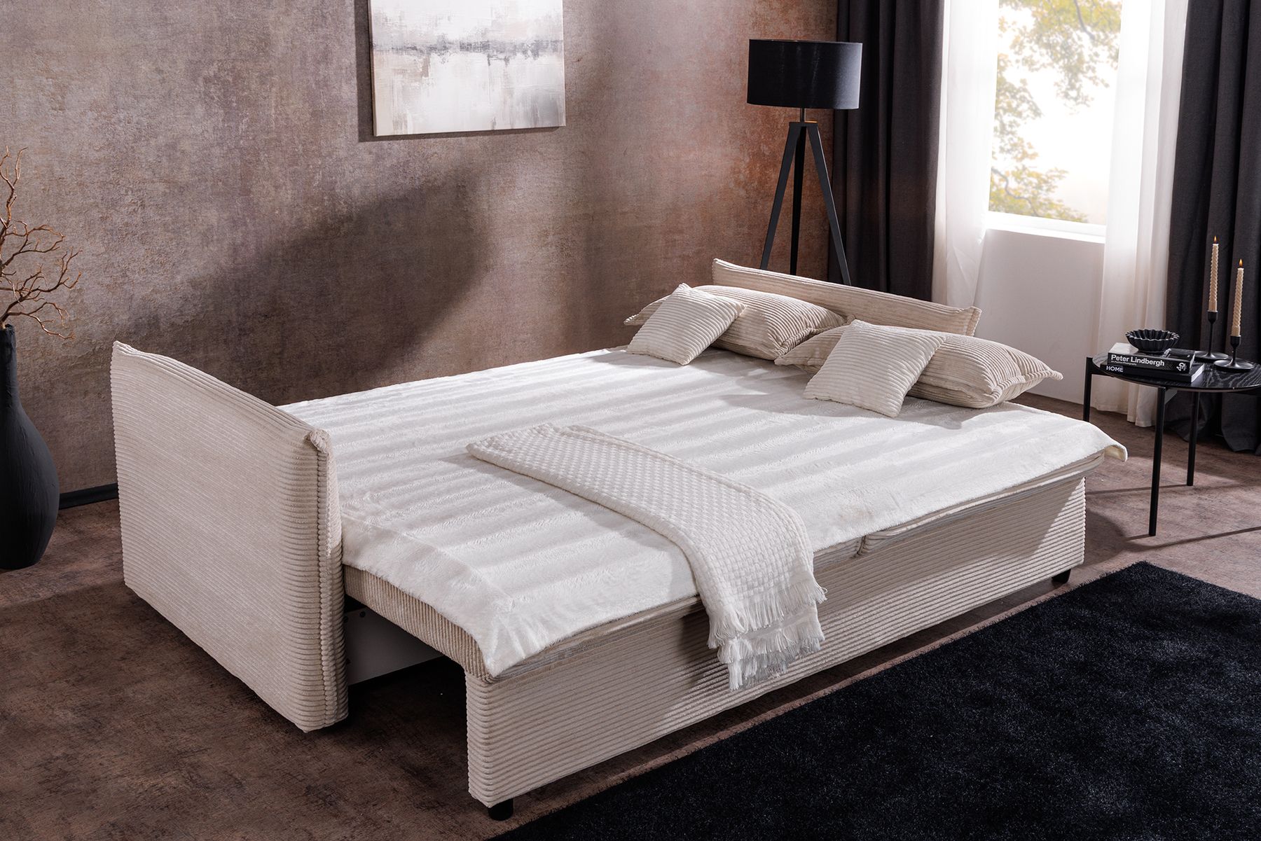 XXL Sofa mit Schlaffunktion APARTMENT beige Cord inkl. Bettkasten und Kissen