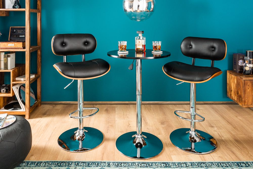 Retro Barhocker CLASSICO schwarz 115cm höhenverstellbar mit Lehne Walnussholz-Design