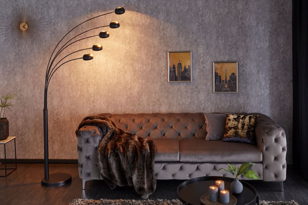 Design Bogenlampe FIVE LIGHTS 210cm schwarz gold Stehlampe mit Marmorfuß