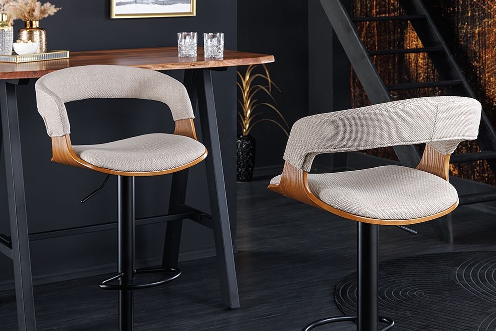 Retro Barhocker MANHATTAN beige Strukturstoff Eschenholz drehbar höhenverstellbar